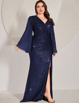 Women Plus Size Royal Blue Sequin Evening Dress
