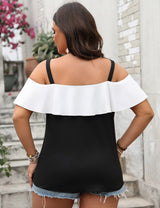 Women Plus Size Ruffled Contrast Short Sleeve Blouse