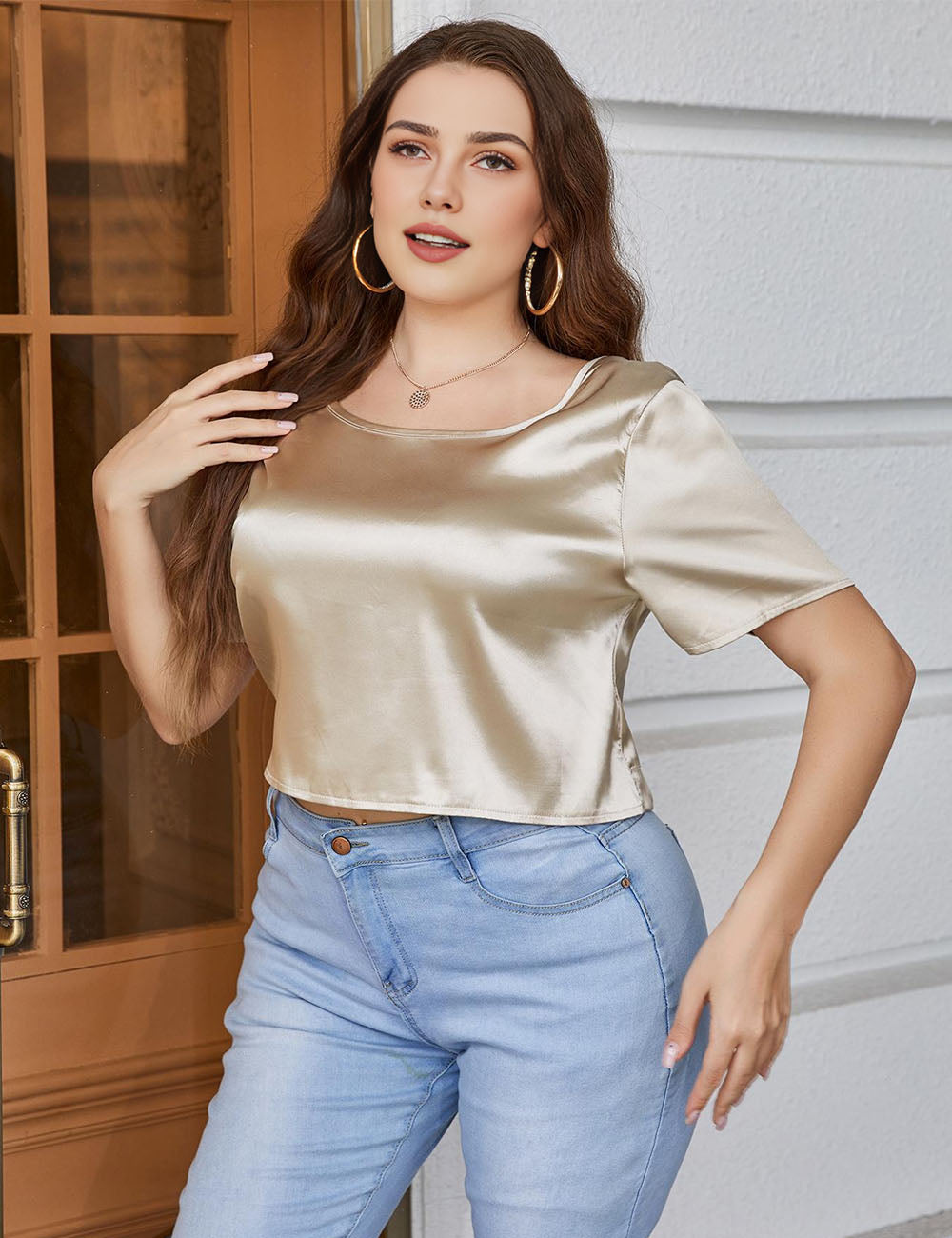 Women Plus Size Satin Backless Short Sleeve T-Shirt | PRUSES-2