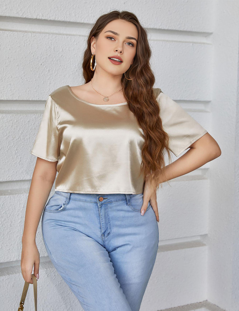 Women Plus Size Satin Backless Short Sleeve T-Shirt | PRUSES