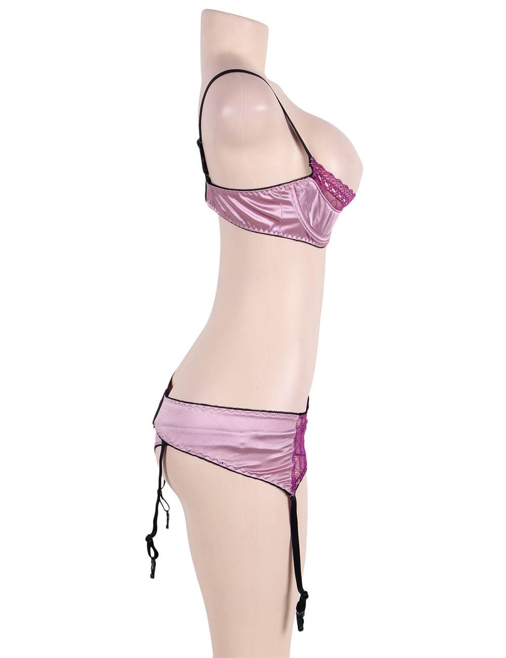 Women Plus Size Satin Lace Patchwork Open Bra Set-2