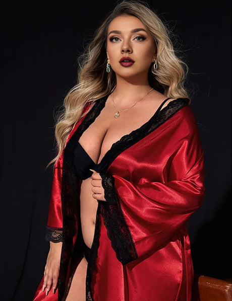 Women Plus Size Satin Lace Trim Robe Red-3
