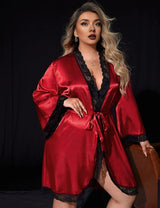 Women Plus Size Satin Lace Trim Robe Red