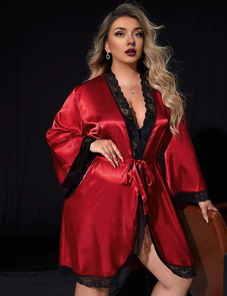Women Plus Size Satin Lace Trim Robe Red