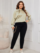 Women Plus Size Satin Shirts Ruched Neck Long Sleeve Blouses | PRUSES-4
