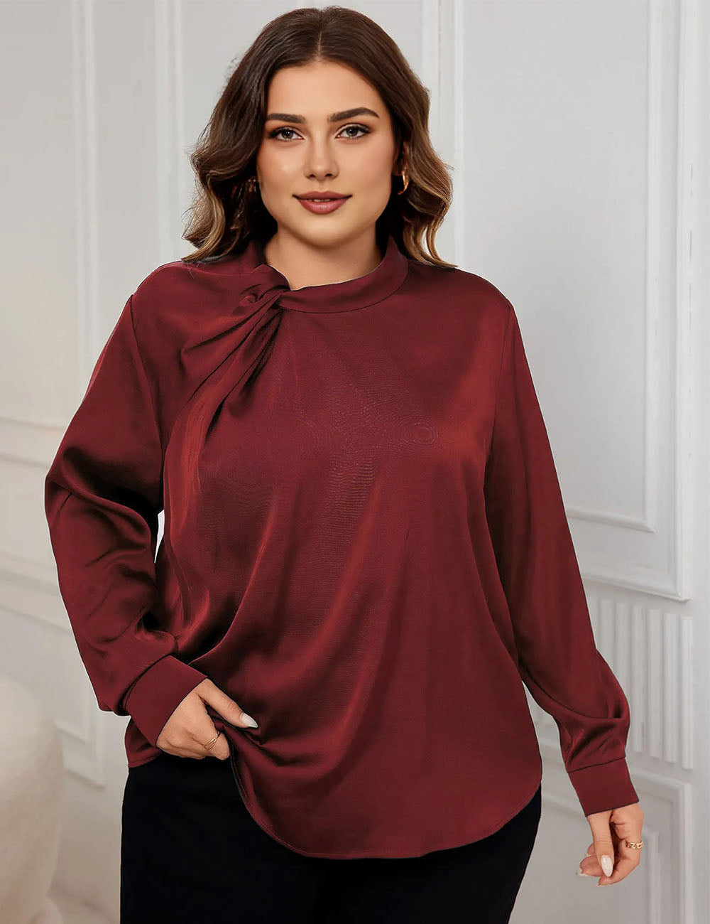 Women Plus Size Satin Shirts Ruched Neck Long Sleeve Blouses | PRUSES-5