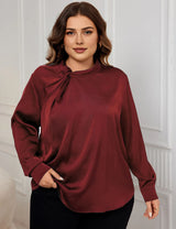 Women Plus Size Satin Shirts Ruched Neck Long Sleeve Blouses | PRUSES-5