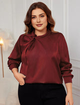 Women Plus Size Satin Shirts Ruched Neck Long Sleeve Blouses | PRUSES-6