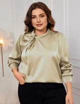 Women Plus Size Satin Shirts Ruched Neck Long Sleeve Blouses | PRUSES