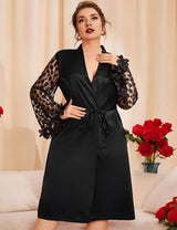 Women Plus Size See-Through Lace Sleeve Silk Robe