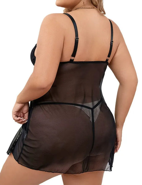 Black sheer nightgown worn by a model on a white background