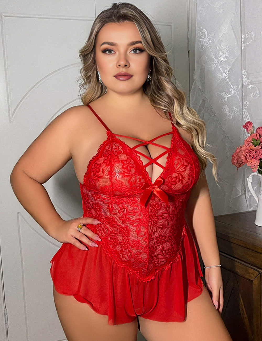 Women Plus Size  SexyDeep V-neck Lace Mesh Suit-7
