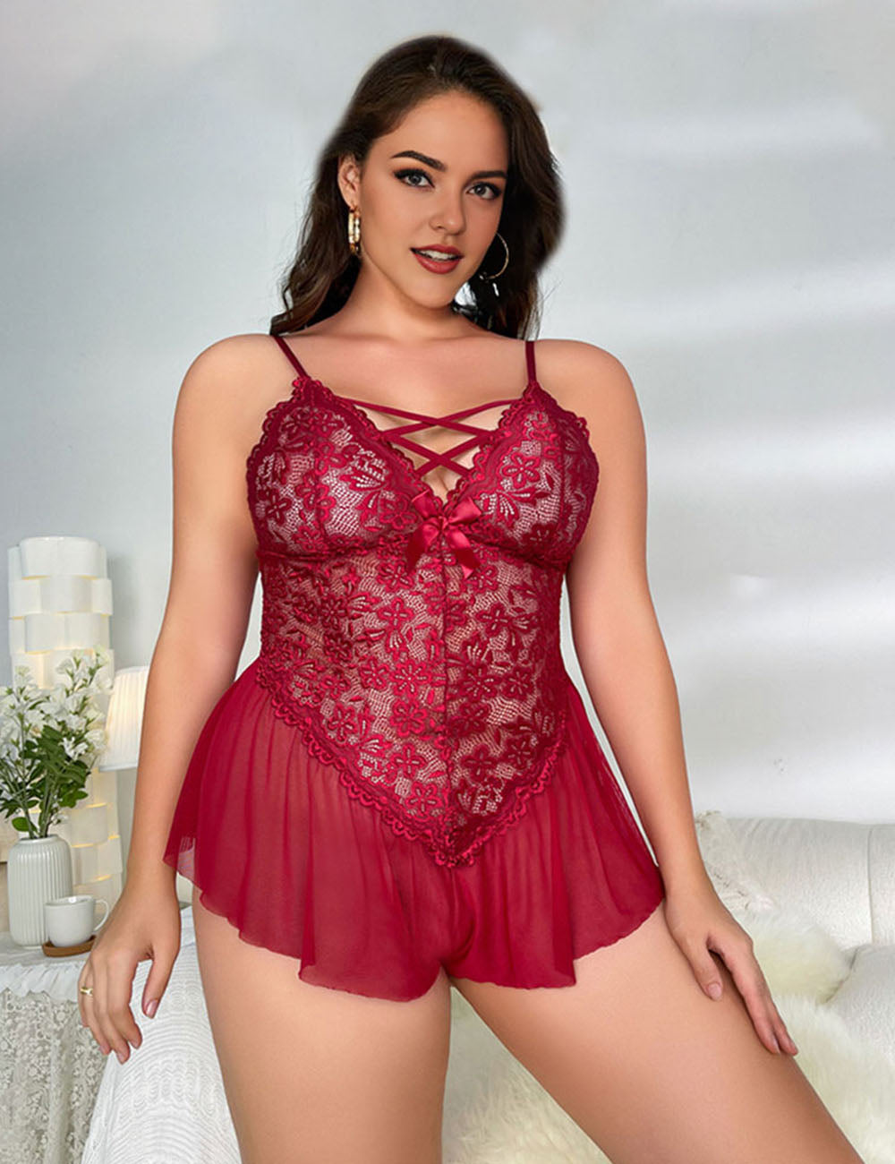 Women Plus Size  SexyDeep V-neck Lace Mesh Suit