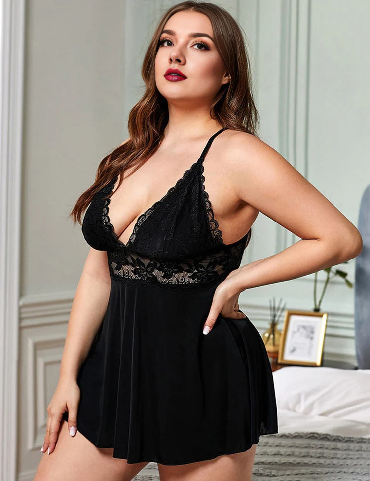 Women Plus Size Sexy Camisole Lace See-Through Dress-3