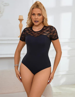 Women Plus Size Sexy Lace Openable Crotch Short Sleeves Bodysuit