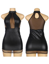 Women Plus Size Sexy Solid Black Color Halter Leather Lingerie Dress-4