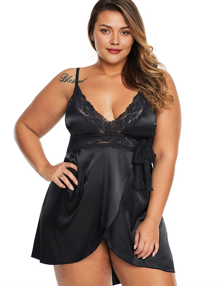 Women Plus Size Sexy V-Neck Strap Lace Babydoll-1