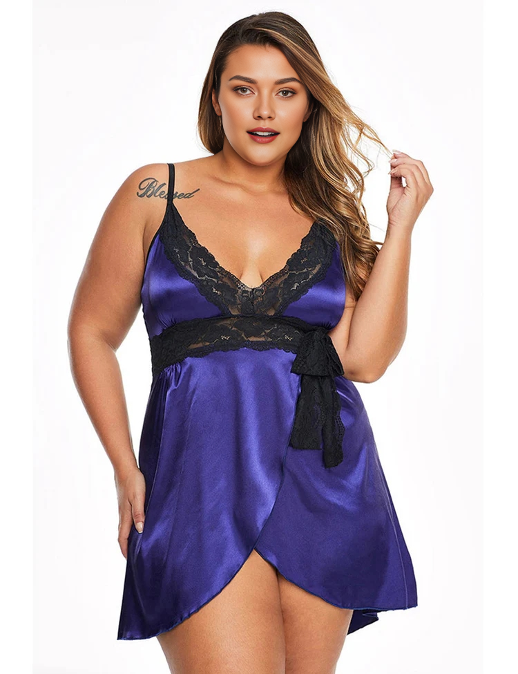 Women Plus Size Sexy V-Neck Strap Lace Babydoll-2