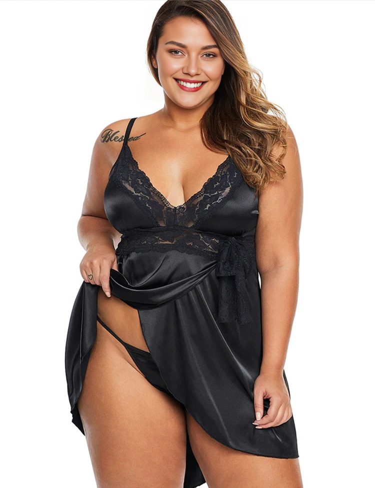 Women Plus Size Sexy V-Neck Strap Lace Babydoll-5