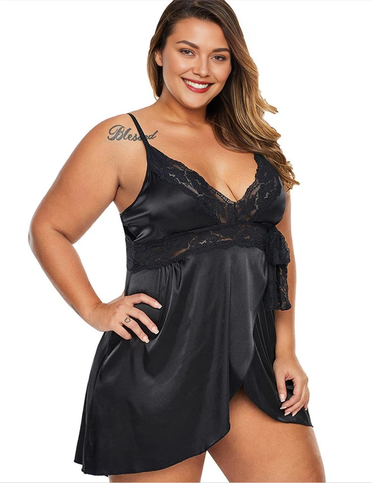 Women Plus Size Sexy V-Neck Strap Lace Babydoll-7