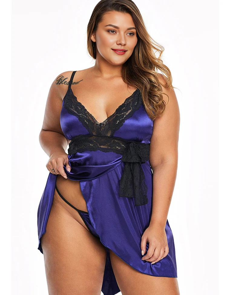 Women Plus Size Sexy V-Neck Strap Lace Babydoll-8