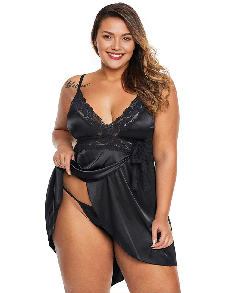 Women Plus Size Sexy V-Neck Strap Lace Babydoll-9