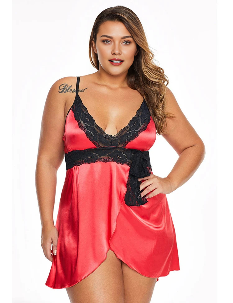 Women Plus Size Sexy V-Neck Strap Lace Babydoll