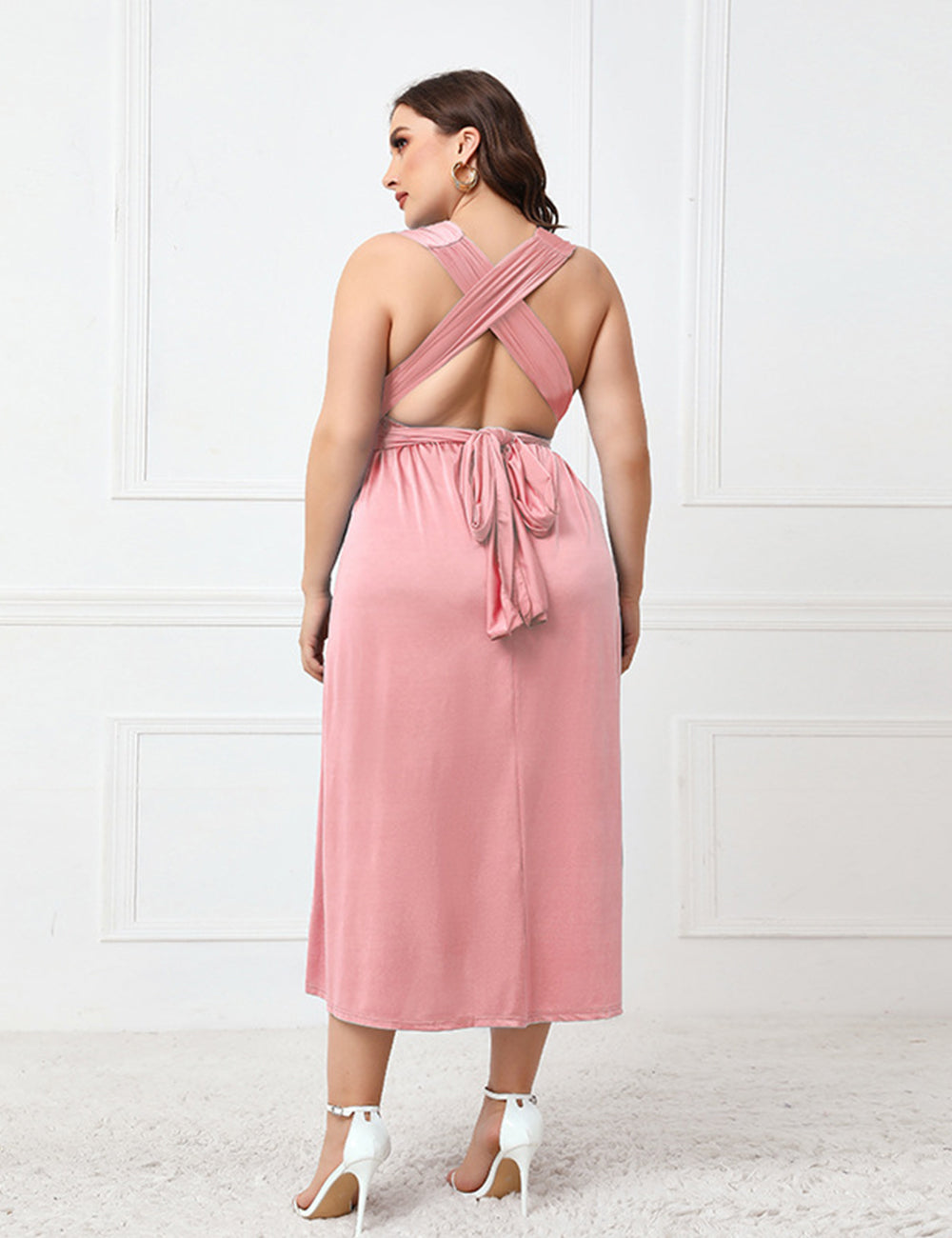 Women Plus Size Sexy V Neck Backless Elegant Dress-3