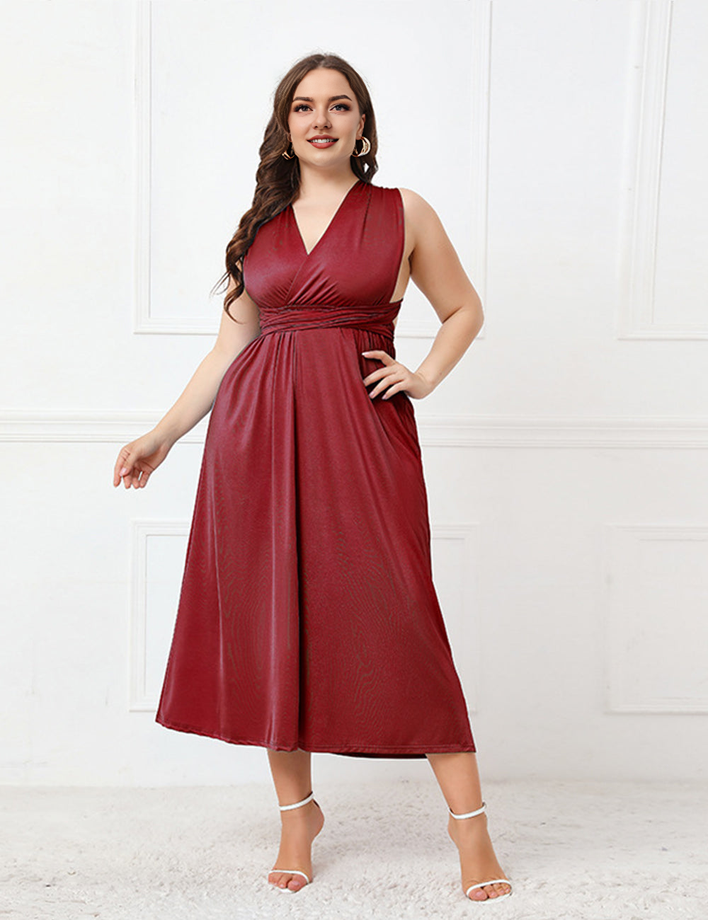 Women Plus Size Sexy V Neck Backless Elegant Dress-4