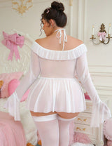 Women Plus Size Sheer Halter Babydoll with Thigh-High Stockings