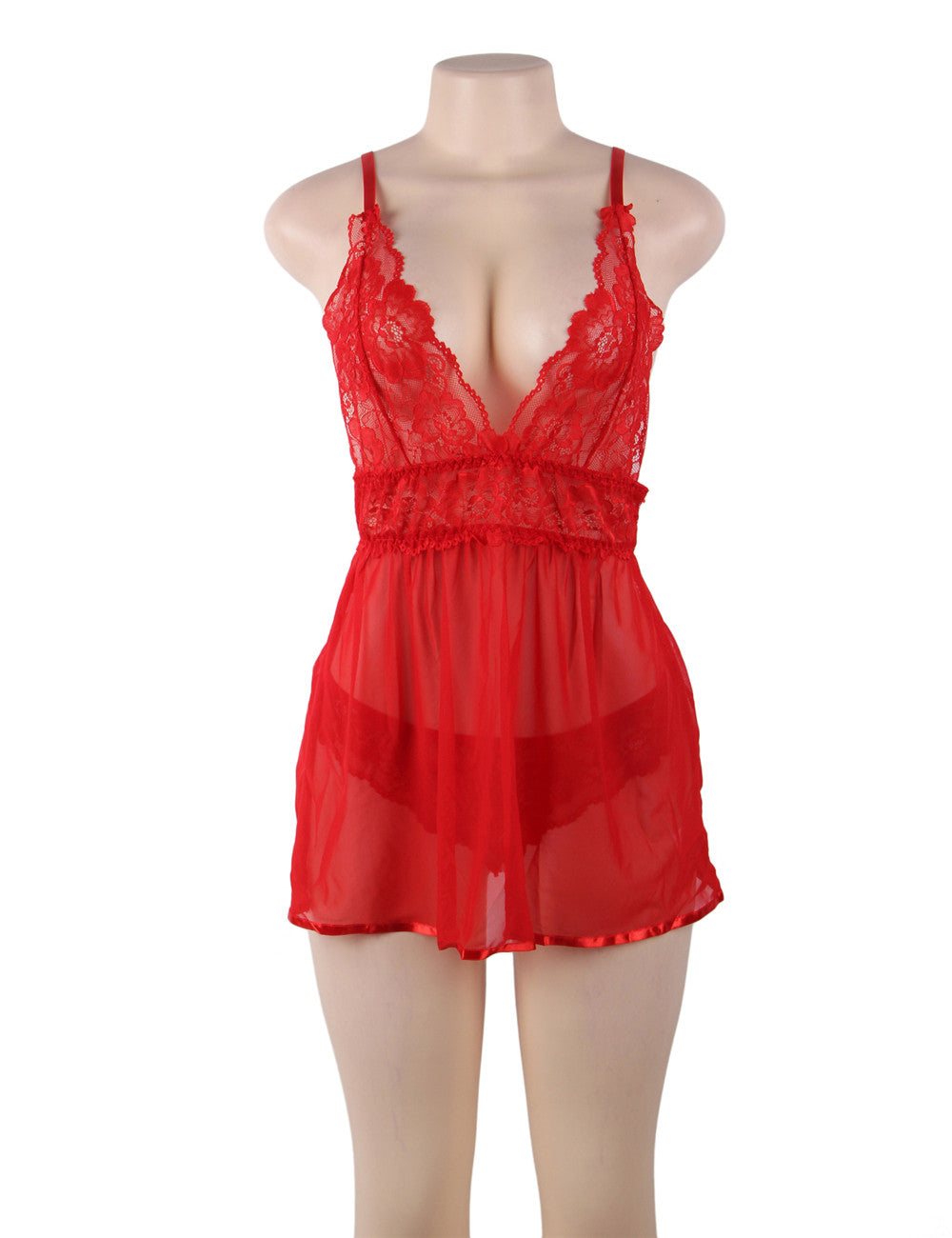 Women Plus Size Sheer Mesh Lace Stitching Babydoll-10