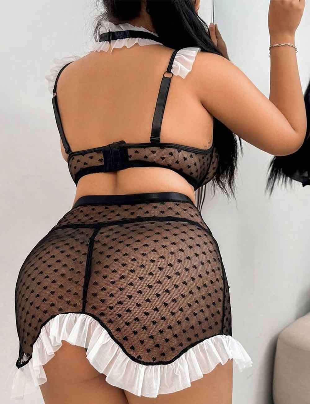 Women Plus Size Sheer Mesh Maid Costume Set
