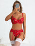 Women Plus Size Sheer Sexy Floral Embroidery Garter Bra Set