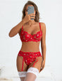 Women Plus Size Sheer Sexy Floral Embroidery Garter Bra Set