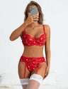 Women Plus Size Sheer Sexy Floral Embroidery Garter Bra Set