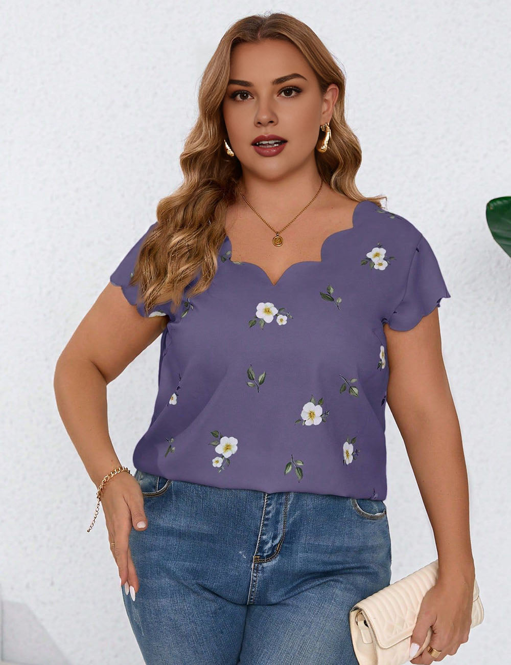 Women_Plus_Size_Shell_Edge_Flower_Print_T-shirt_PRUSES_2