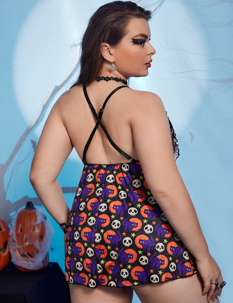 Women Plus Size Skull Print Halloween Babydoll Lingerie