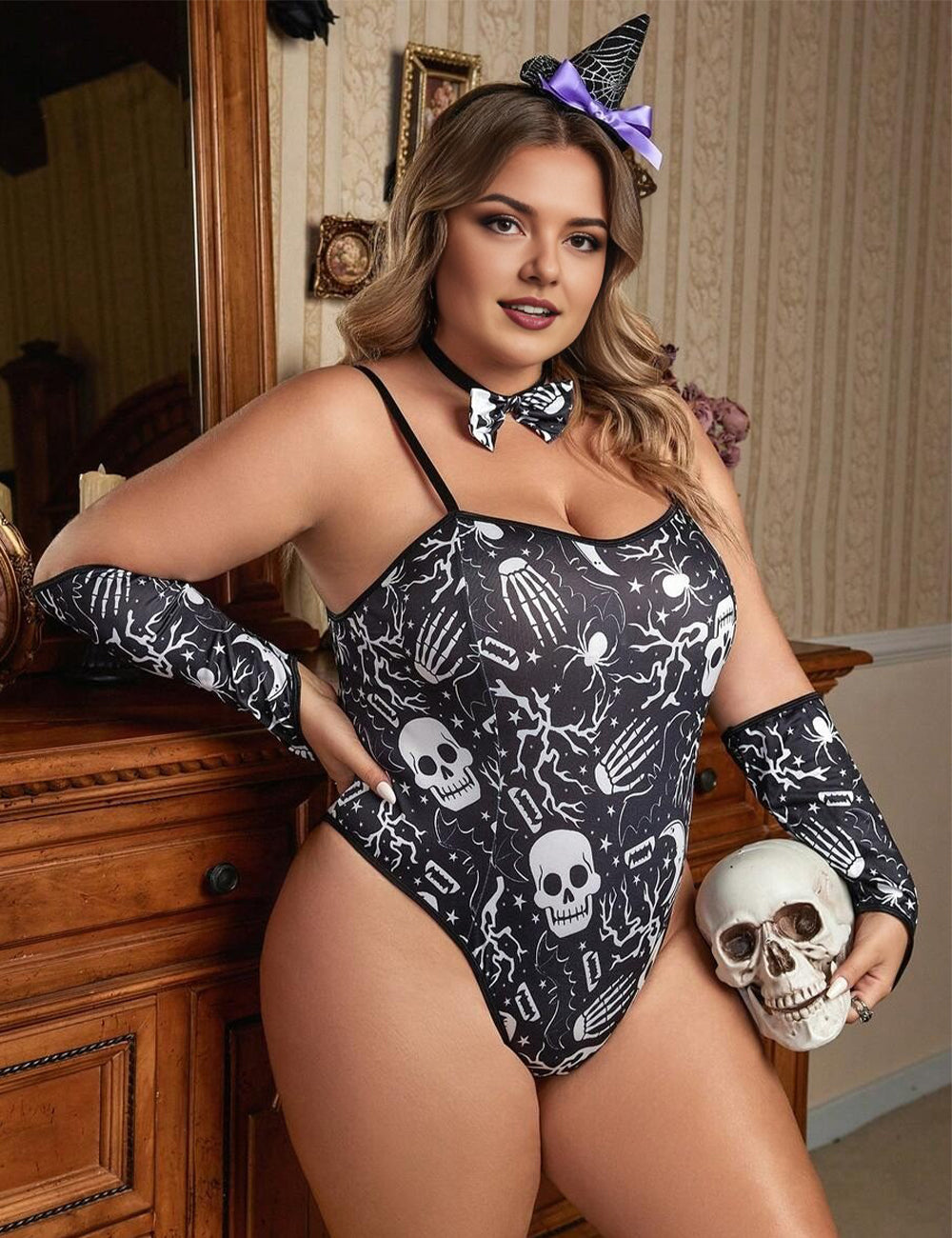 Women Plus Size Skull Print Halloween Teddy