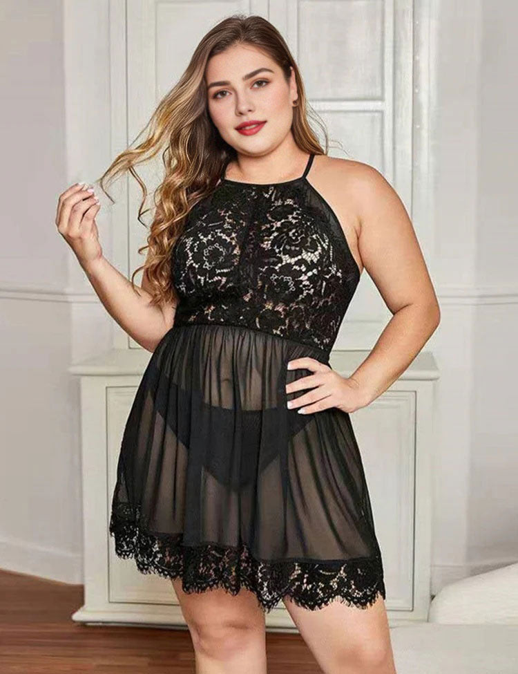 Women Plus Size Sleeveless Lace Transparent Tube Top Babydoll-1