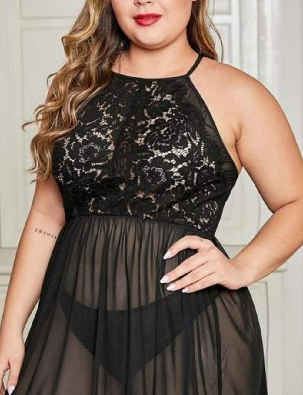 Women Plus Size Sleeveless Lace Transparent Tube Top Babydoll-3