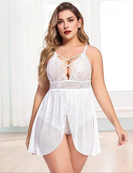 Women Plus Size Snap Crotch Bra V-Neck Lace Babydoll-7