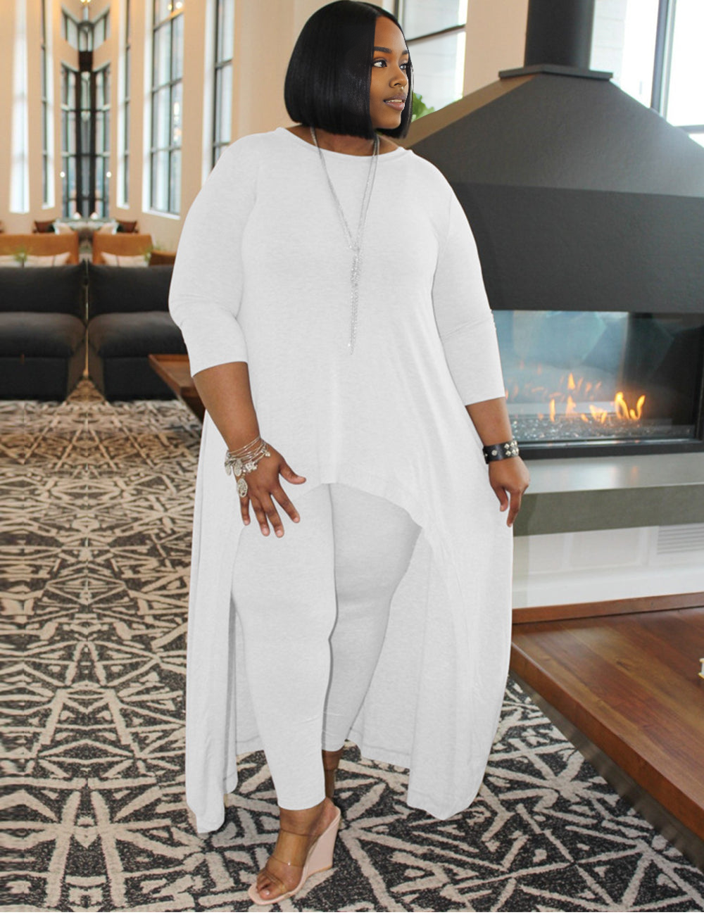 Women Plus Size Solid Color Round Neck Two-Piece Dress-2