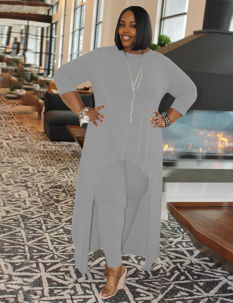 Women Plus Size Solid Color Round Neck Two-Piece Dress-4