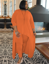 Women Plus Size Solid Color Round Neck Two-Piece Dress-5