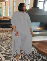 Women Plus Size Solid Color Round Neck Two-Piece Dress-7