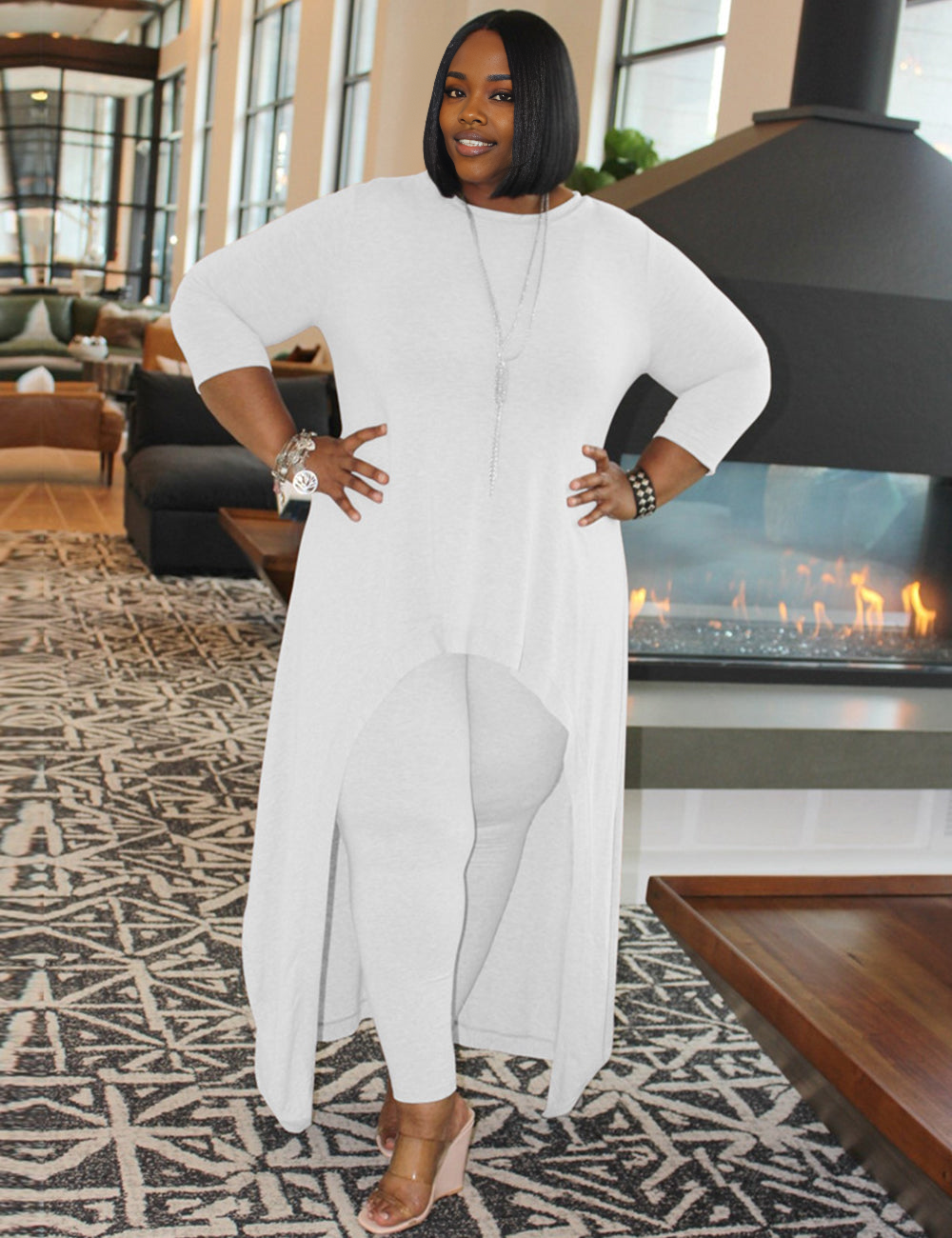 Women Plus Size Solid Color Round Neck Two-Piece Dress