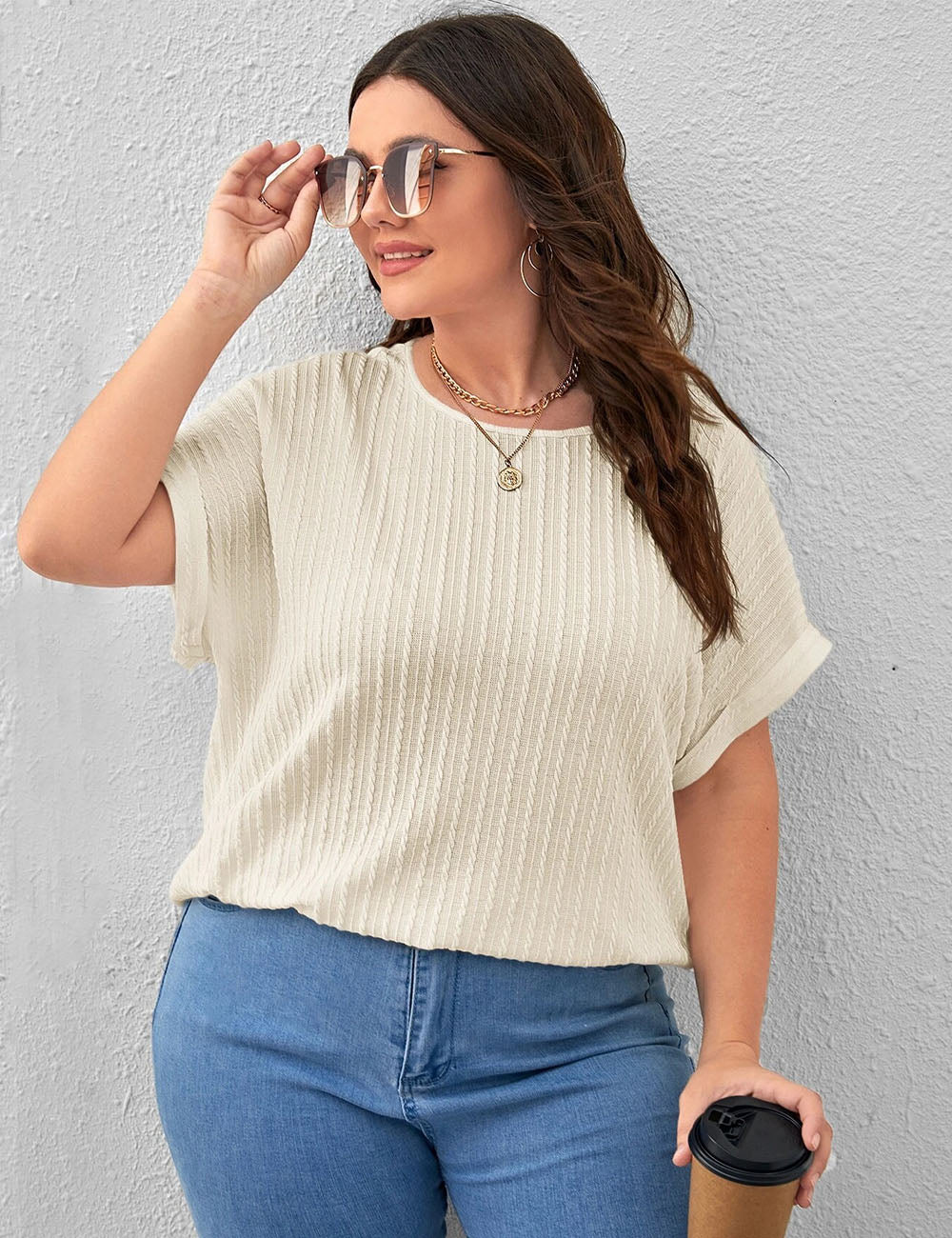 Women Plus Size Solid Color Short-Sleeved T-Shirt | PRUSES-3