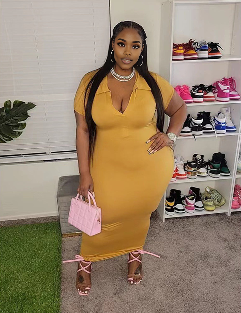 Women Plus Size Solid Color V Neck Casual Dress-1
