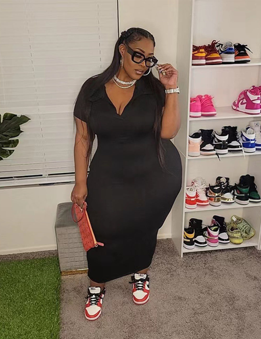 Women Plus Size Solid Color V Neck Casual Dress-2