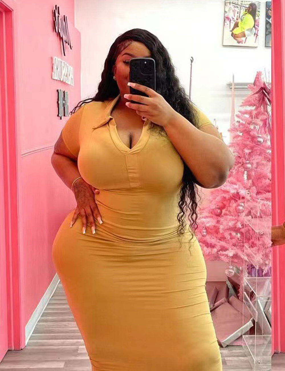 Women Plus Size Solid Color V Neck Casual Dress-4
